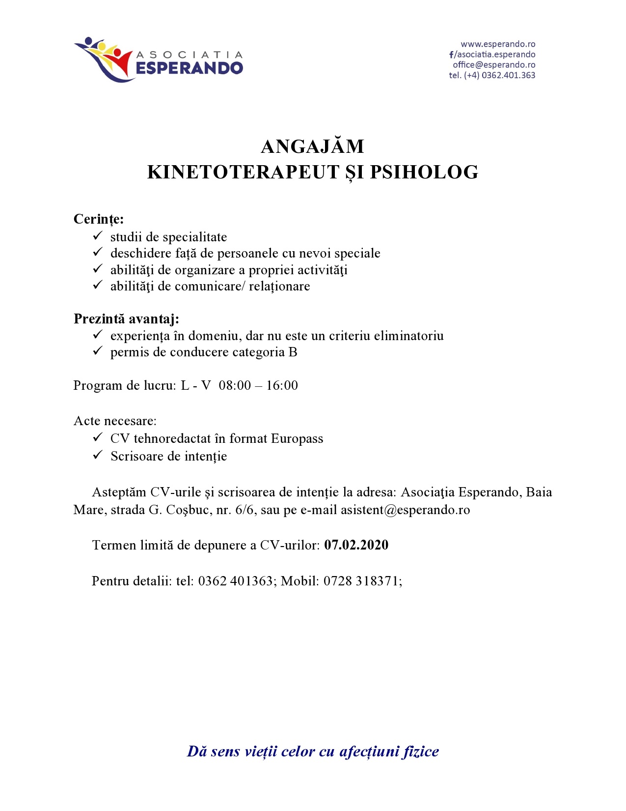 ESPERANDO angajează kinetoterapeut și psiholog